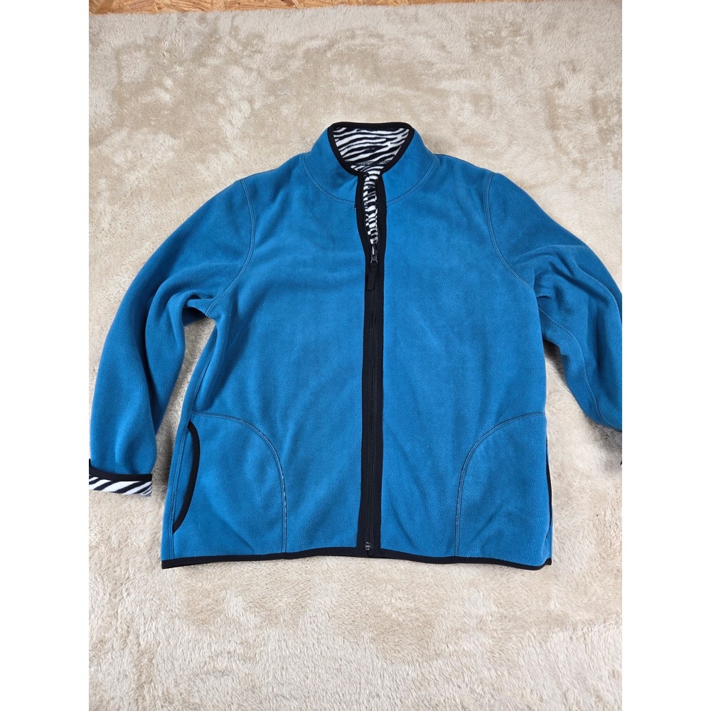 Kim Rogers Petite Womens Fleece Jacket Blue & Zebra Print Reversible Zip Up PXL
